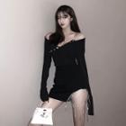 V-neck Long-sleeve Off-shoulder Mini Sheath Dress With Chain