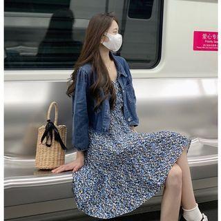 Spaghetti-strap Floral A-line Dress / Cropped Denim Jacket