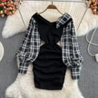 Gingham Panel Cold Shoulder Sheath Dress Black - One Size