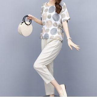 Set: Dotted Short-sleeve Blouse + Cropped Harem Pants