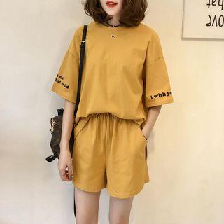 Set: Elbow-sleeve Lettering T-shirt + Plain Drawstring Shorts