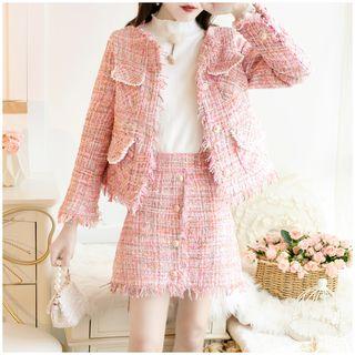 Set: Fray Trim Tweed Button Jacket + Tweed Mini Skirt