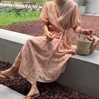 Puff-sleeve V-neck Tie Waist Wrapped Dress