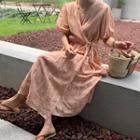 Puff-sleeve V-neck Tie Waist Wrapped Dress