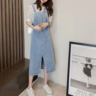 Set: Short-sleeve Floral Top + Denim Midi A-line Overall Dress