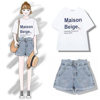 Elbow-sleeve Letter T-shirt / Denim Shorts