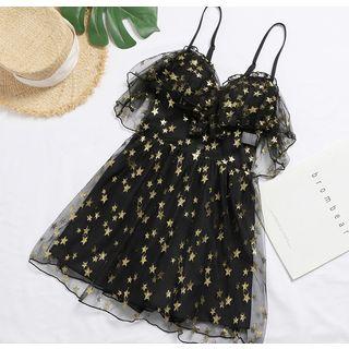 Star-sequin Mesh Lace-up Back Swimdress