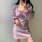 Long-sleeve Tie-front Mini A-line Dress