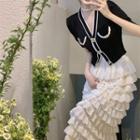 Short-sleeve Contrast Trim Cardigan / Layered Midi A-line Skirt