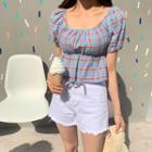 Plaid Drawstring Off-shoulder Top As Shown In Figure - One Size