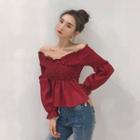 Balloon-sleeve Off-shoulder Smocked Top Dark Red - One Size