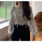 Long-sleeve Chiffon Square-neck Floral Top White - One Size