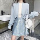 Long-sleeve Color Block Blouse / Pattern Printed Skirt