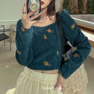 Long-sleeve Square-neck Floral Corduroy Crop Top