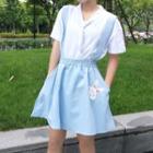 Set: Short-sleeve Tie-neck Shirt + Rabbit Print Jumper Skirt
