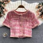 Round-neck Plaid Short-sleeve Cardigan
