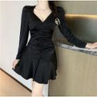 Long-sleeve V-neck Ruched Mini A-line Dress