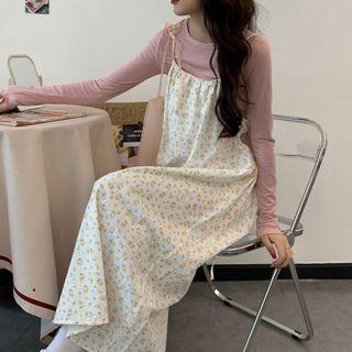 Plain Long-sleeve T-shirt / Flower Print Midi Overall Dress