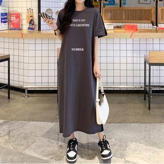 Short-sleeve Two-tone Lettering Midi T-shirt Dress