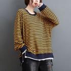 Mock Two-piece Round-neck Striped Sweater