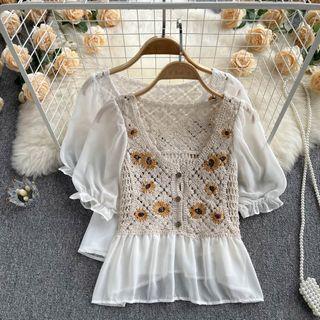 Puff-sleeve V-neck Cutout Floral Knit Panel Chiffon Top