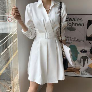 Pintuck-waist Wrap Shirtdress With Belt