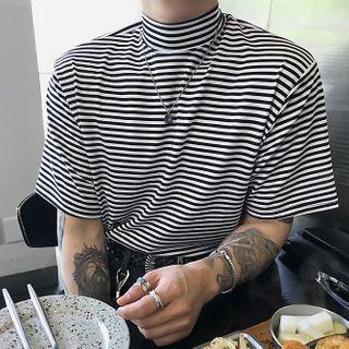 Mock-turtleneck Striped Short-sleeve T-shirt