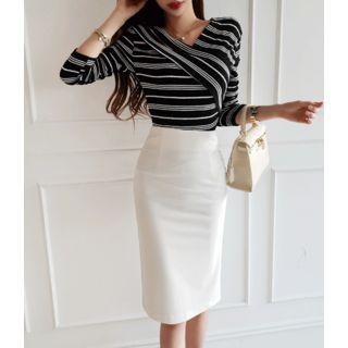 V-neck Fold-over Striped Slim-fit Top Black - One Size