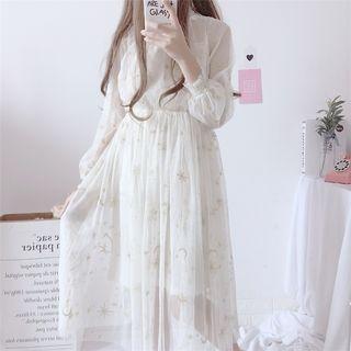 Set: Long-sleeve Embroidered Midi Mesh Dress + Slipdress