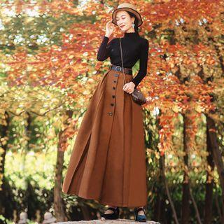 Set: Mock-turtleneck Rib Knit Top + Buttoned A-line Maxi Skirt