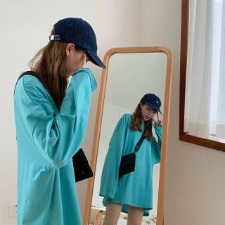 Plain Long-sleeve Loose-fit T-shirt Blue - One Size