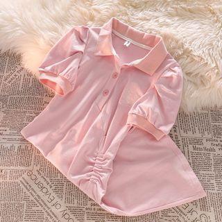 Short-sleeve Collar Embroidered Drawstring Mini T-shirt Dress Pink - One Size