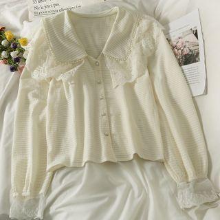 Pearl-trim Lace-panel Loose Shirt Almond - One Size