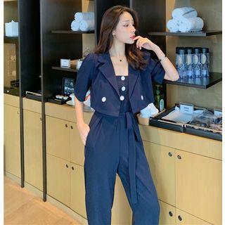 Short-sleeve Cropped Jacket / Spaghetti Strap Jumpsuit