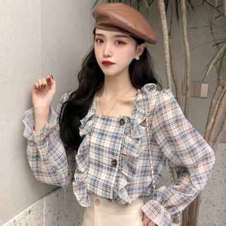 Plaid Ruffle Blouse Plaid - Blue & White - One Size