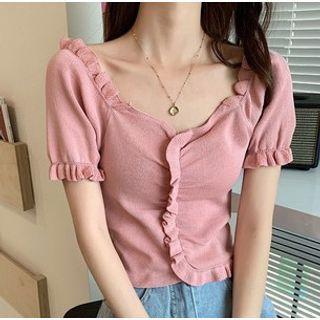 Plain Ruffle V-neck Top