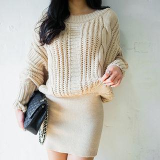 Batwing-sleeve Tube-hem Cable-knit Dress