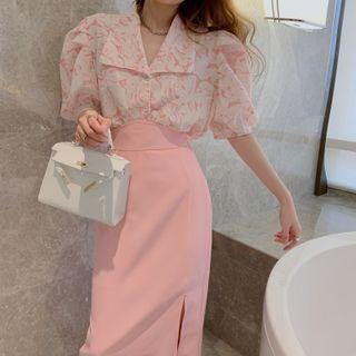 Puff-sleeve Top / Slit Midi Pencil Skirt