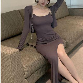 Spaghetti Strap Midi A-line Slit Dress / Cardigan