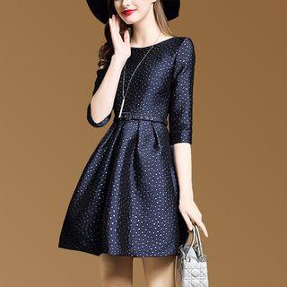Dotted Jacquard 3/4-sleeve A-line Dress