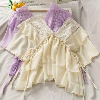 Lace-panel Drawstring Chiffon Blouse