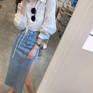 Set: Plain Shirt + Denim Midi Skirt
