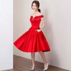 Embroidered Off Shoulder Short Sleeve Evening Dress