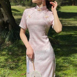 Short-sleeve Faux Pearl Trim Floral Jacquard Midi Qipao