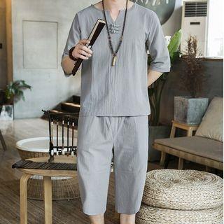 Set: Short-sleeve Frog-buttoned Shirt + Harem Pants