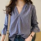 Flared-cuff Striped Blouse Blue - M