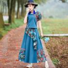 Set: Floral Short-sleeve Top + A-line Midi Skirt