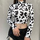 Mock-turtleneck Long-sleeve Cow Print T-shirt