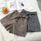 Plaid Woolen Lace-up High-waist Shorts