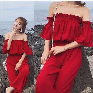Set: Off Shoulder Elbow-sleeve Top + Wide Leg Pants